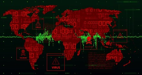 Poster - Animation of digital world map displaying virus and malware alerts in red and green