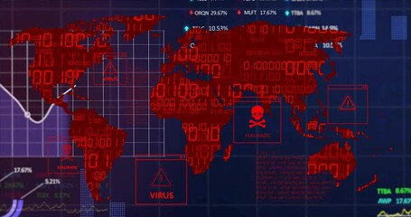 Poster - Animation of virus and malware alerts on red world map with digital data graphics