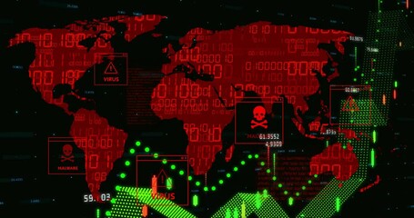 Poster - Digital animation showing world map with virus and malware warnings in red and green