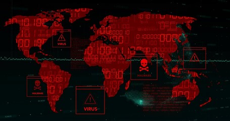 Poster - Animation of world map with virus warnings over digital code background