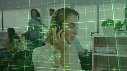 Poster - In office, customer service representative working with animation of digital data grid