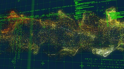 Poster - animation of digital particles forming patterns on dark green background