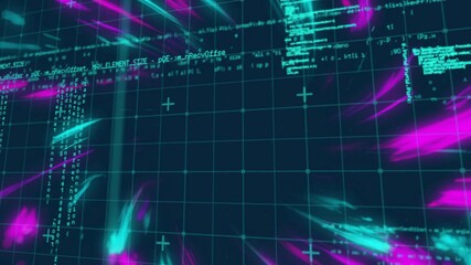 Poster - animation of digital grid with coding text and vibrant neon light streaks