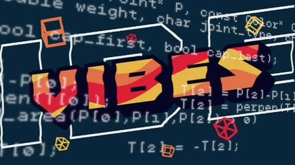 Poster - Animation of colorful geometric shapes overlaying programming code in school setting