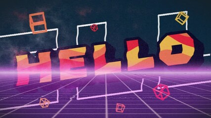 Poster - Retro animation of HELLO text with geometric shapes on digital grid background