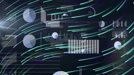 Poster - Data visualization with charts and graphs over dynamic swirling lines animation