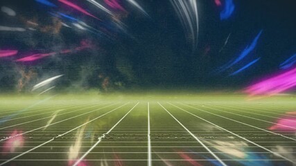 Poster - animation of colorful light streaks creating dynamic motion on futuristic grid landscape