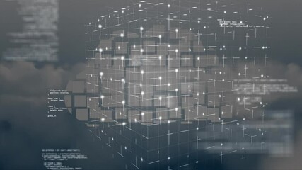 Poster - Glowing nodes on digital data cube with animation in cloudy background