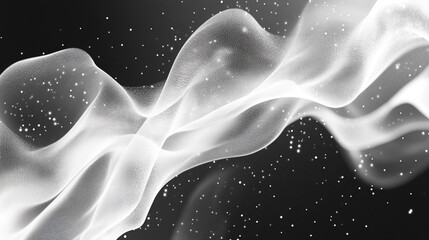 Poster - Abstract white smoke like waves flowing across a dark background with glowing particles scattered around