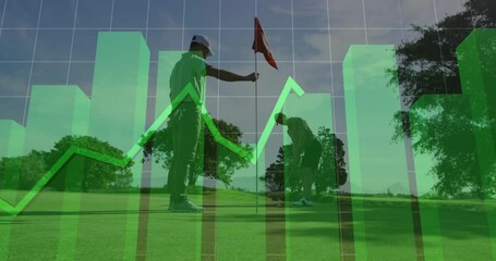 Poster - Golfers on course, financial graph animation overlaying scene in background