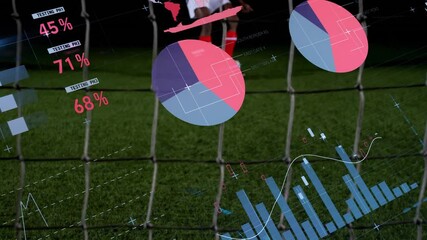 Poster - Behind net, soccer player analyzing animated data charts and graphs in school