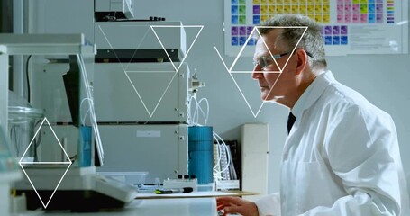 Poster - In school laboratory, scientist working with geometric shapes and animation overlay