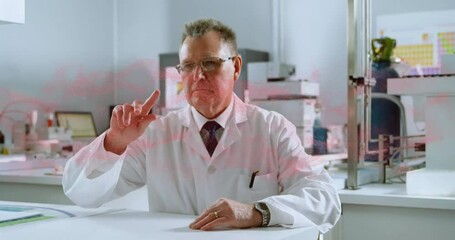 Poster - In laboratory, scientist in lab coat interacting with animation of holographic data