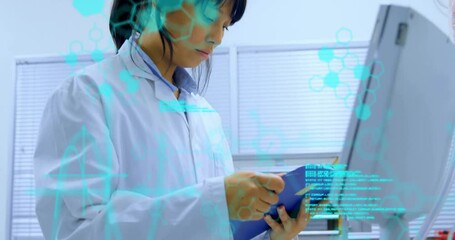 Poster - Analyzing data with digital interface, scientist using tablet in laboratory