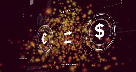 Poster - Euro and dollar symbols with exchange arrows over glowing particles animation
