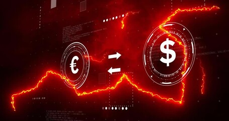 Poster - Euro to dollar currency exchange animation with digital effects and red lightning