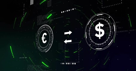 Poster - euro and dollar symbols with exchange arrows over digital financial data animation