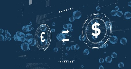 Poster - Animation showing euro and dollar symbols with exchange arrows on digital background