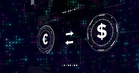 Poster - Euro and dollar currency symbols with digital data processing animation