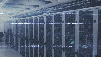 Poster - Animation overlaying glitch effect on rows of servers in data center