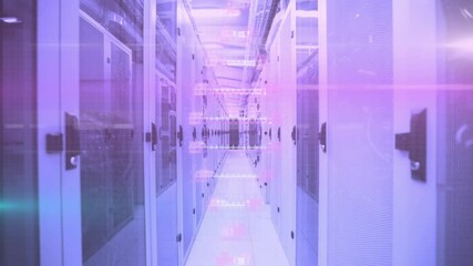 Poster - Glowing purple lights illuminating data center corridor with reflective surfaces