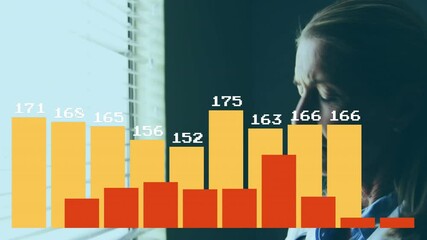 Poster - Bar chart animation over person looking out window, showing numerical data