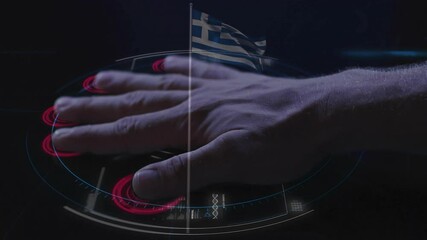 Poster - Scanning hand over digital interface with Greek flag in background animation