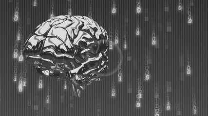 Poster - binary code animation over digital brain on striped background, technology concept