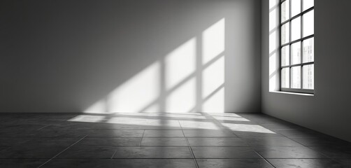 Poster - Minimalist interior design with natural light. White wall surface with shadows. Sunlight shines through window. Empty room. Modern architecture style for product presentation mockup.