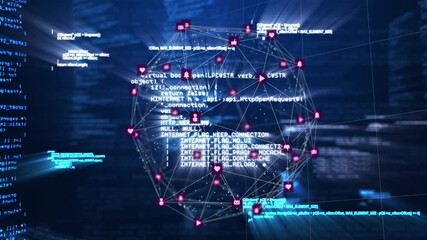Poster - Network of connections and code processing animation over digital blue background