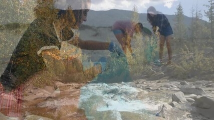 Poster - Collecting water samples from river, people analyzing data with animation overlay