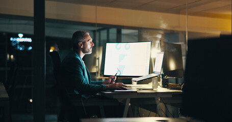 Leinwandbilder - Office, night and businessman on computer with finance statistics for budget, research and analytics. Corporate, company and person working late for financial planning, review and fintech report