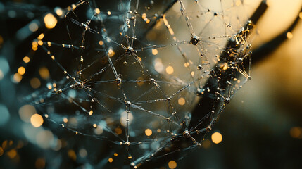 Poster - Close up of a complex network structure with glowing nodes and connecting lines in soft focus light