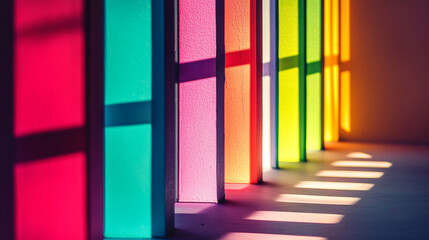 Poster - Colorful light shining through panels casting shadows on the floor in an empty room space