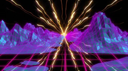 Poster - animation of vibrant energy beams converging at central point in neon grid landscape