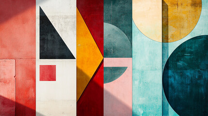Poster - Abstract arrangement of geometric shapes and colors in a vertical panel composition style
