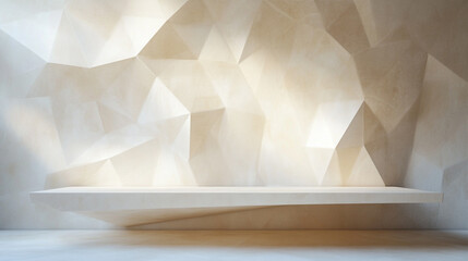 Poster - White shelf against a polygonal wall with geometric patterns and soft lighting in a studio setting
