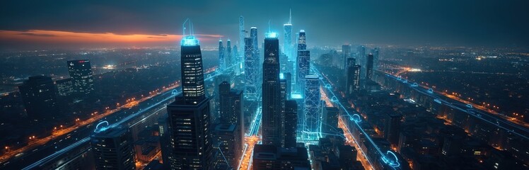 Poster - Futuristic night cityscape with glowing digital network connecting skyscrapers. Modern urban skyline with illuminated buildings, data transmission lines, representing digital transformation, smart