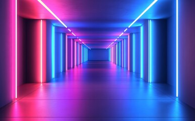 Poster - The scene is set with a 3D render of an illuminated corridor and tunnel filled with red and blue neon lights and ultraviolet light, evoking an 80's retro style suitable for a fashion show stage with