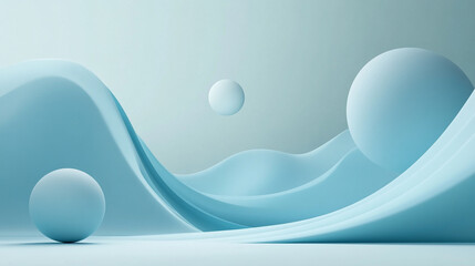 Poster - Abstract light blue scene with spheres and flowing shapes creating a serene and modern aesthetic