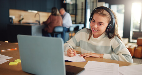 Poster - Video call, homework and child on laptop writing for online learning, education and lesson on website. School, virtual class and young girl with computer and notes for assessment, knowledge and quiz