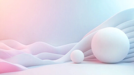 Poster - Abstract pastel scene with two white spheres and flowing shapes in a soft light background design