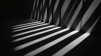 Poster - Light and shadow patterns on a wall and floor creating a striped effect in monochrome photography