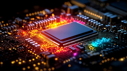 Poster - microchip at the center, encircled by dynamic, glowing data streams, symbolizing technological progress and innovation in modern computing and digital transformation