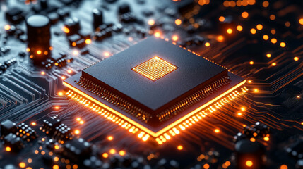 Poster - microchip at the center, encircled by dynamic, glowing data streams, symbolizing technological progress and innovation in modern computing and digital transformation