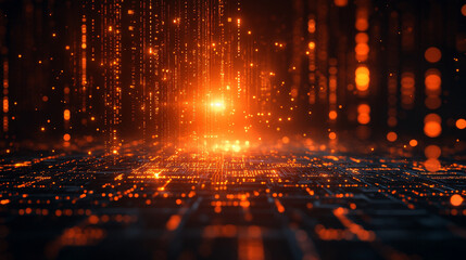 Poster - microchip at the center, encircled by dynamic, glowing data streams, symbolizing technological progress and innovation in modern computing and digital transformation