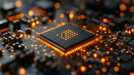 Poster - microchip at the center, encircled by dynamic, glowing data streams, symbolizing technological progress and innovation in modern computing and digital transformation
