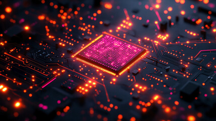 Poster - microchip at the center, encircled by dynamic, glowing data streams, symbolizing technological progress and innovation in modern computing and digital transformation
