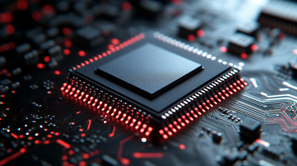 Poster - microchip at the center, encircled by dynamic, glowing data streams, symbolizing technological progress and innovation in modern computing and digital transformation