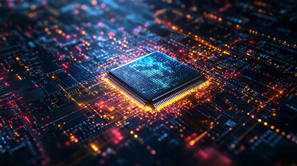 Poster - microchip at the center, encircled by dynamic, glowing data streams, symbolizing technological progress and innovation in modern computing and digital transformation